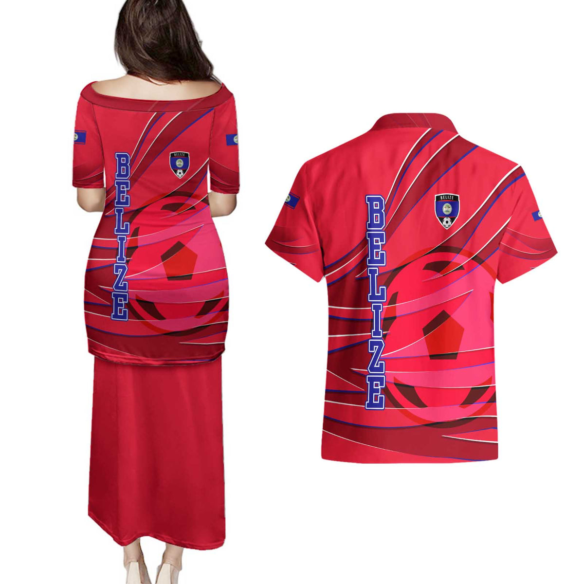 Belize Football Couples Matching Puletasi and Hawaiian Shirt with Red Abstract Soccer Pattern and Shield Emblem