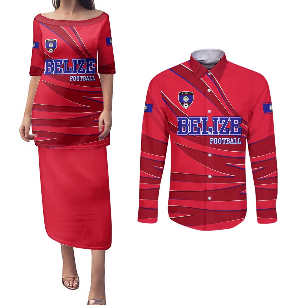 Belize Football Couples Matching Puletasi and Long Sleeve Button Shirt with Red Abstract Soccer Pattern and Shield Emblem
