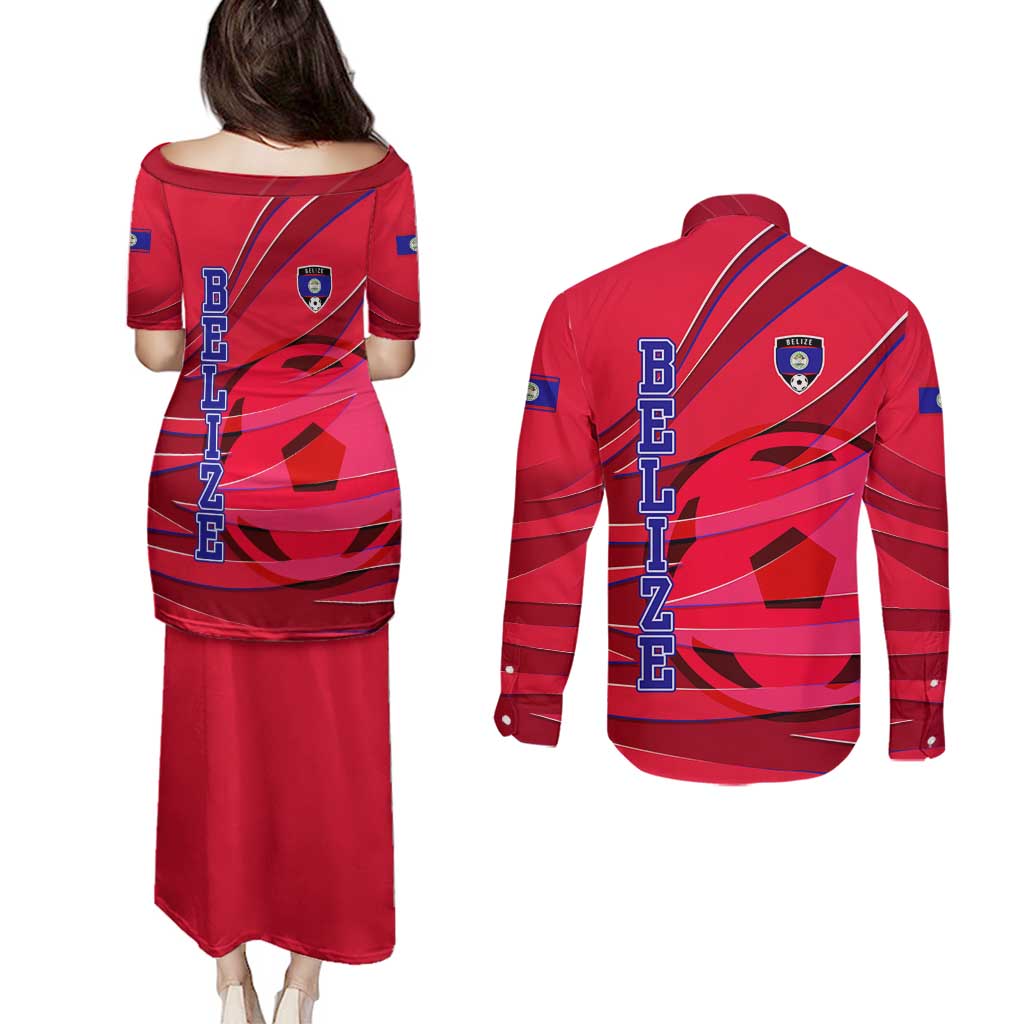 Belize Football Couples Matching Puletasi and Long Sleeve Button Shirt with Red Abstract Soccer Pattern and Shield Emblem