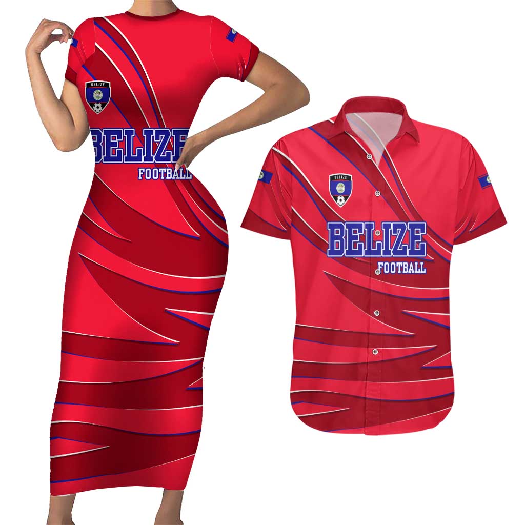 Belize Football Couples Matching Short Sleeve Bodycon Dress and Hawaiian Shirt with Red Abstract Soccer Pattern and Shield Emblem