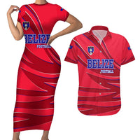 Belize Football Couples Matching Short Sleeve Bodycon Dress and Hawaiian Shirt with Red Abstract Soccer Pattern and Shield Emblem