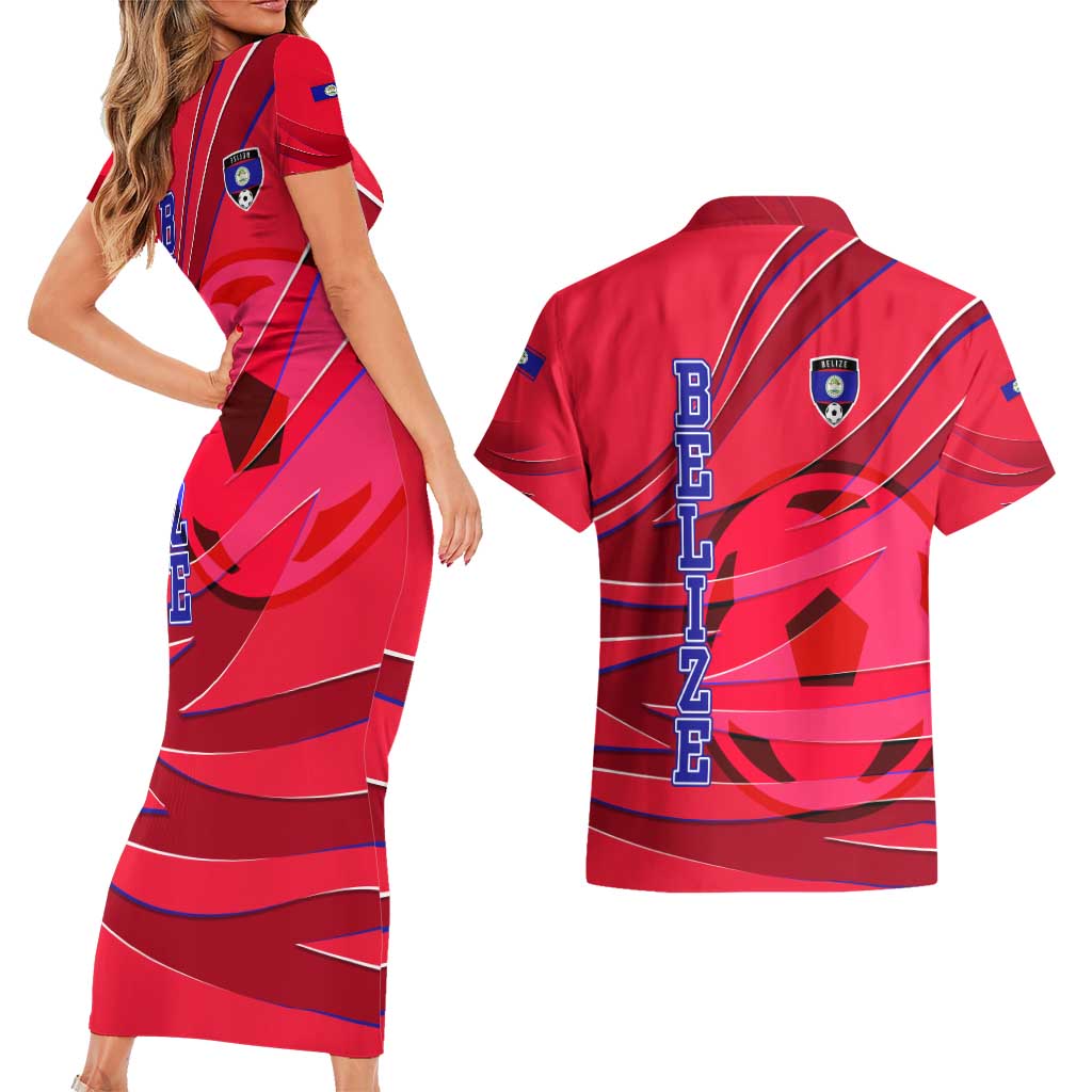 Belize Football Couples Matching Short Sleeve Bodycon Dress and Hawaiian Shirt with Red Abstract Soccer Pattern and Shield Emblem
