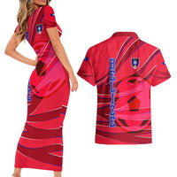 Belize Football Couples Matching Short Sleeve Bodycon Dress and Hawaiian Shirt with Red Abstract Soccer Pattern and Shield Emblem