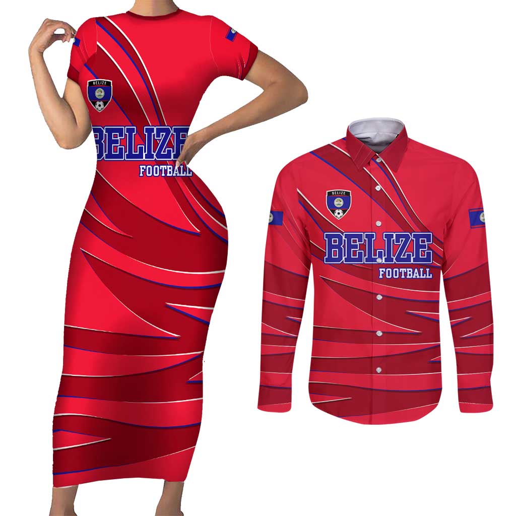 Belize Football Couples Matching Short Sleeve Bodycon Dress and Long Sleeve Button Shirt with Red Abstract Soccer Pattern and Shield Emblem