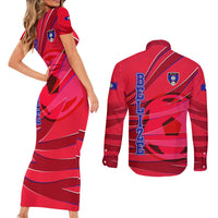 Belize Football Couples Matching Short Sleeve Bodycon Dress and Long Sleeve Button Shirt with Red Abstract Soccer Pattern and Shield Emblem