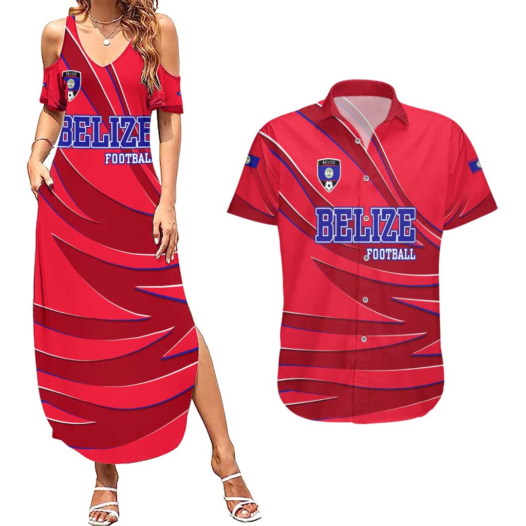 Belize Football Couples Matching Summer Maxi Dress and Hawaiian Shirt with Red Abstract Soccer Pattern and Shield Emblem