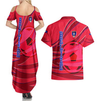 Belize Football Couples Matching Summer Maxi Dress and Hawaiian Shirt with Red Abstract Soccer Pattern and Shield Emblem