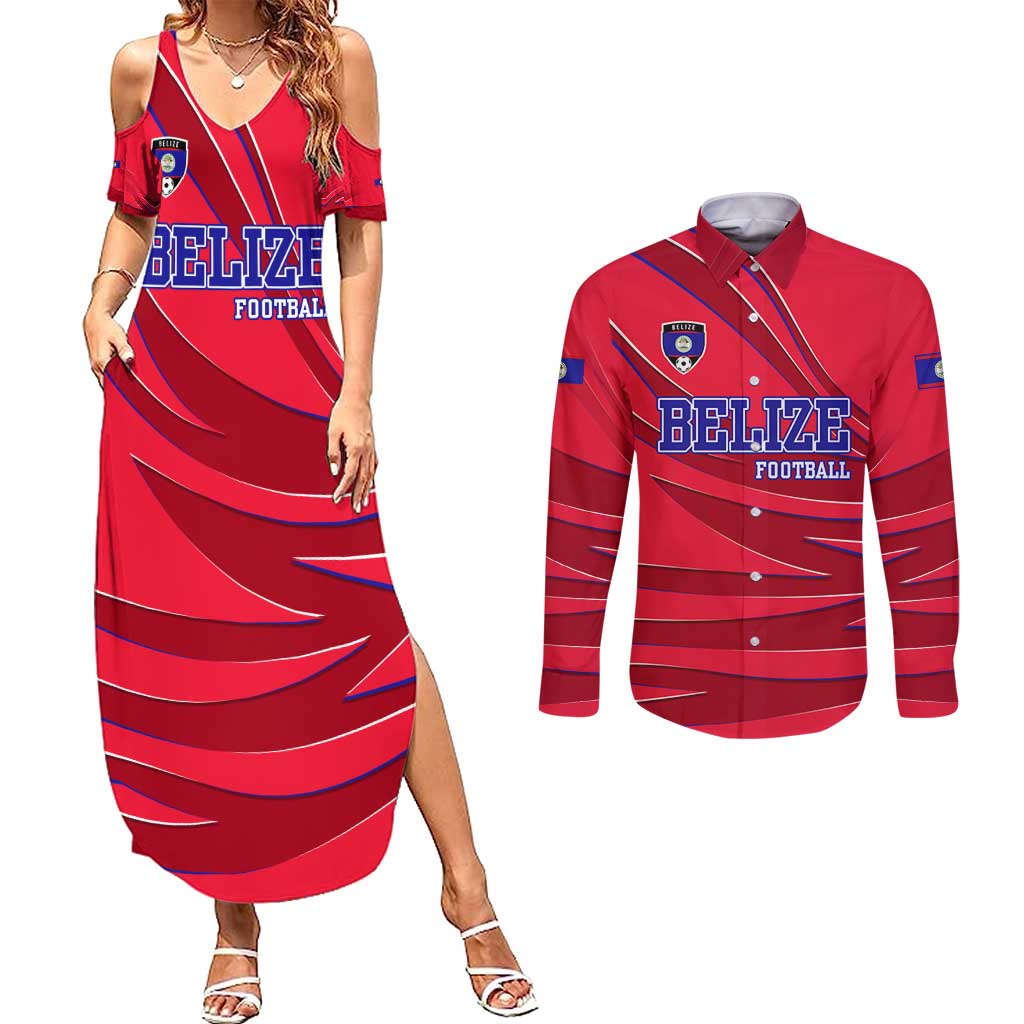 Belize Football Couples Matching Summer Maxi Dress and Long Sleeve Button Shirt with Red Abstract Soccer Pattern and Shield Emblem