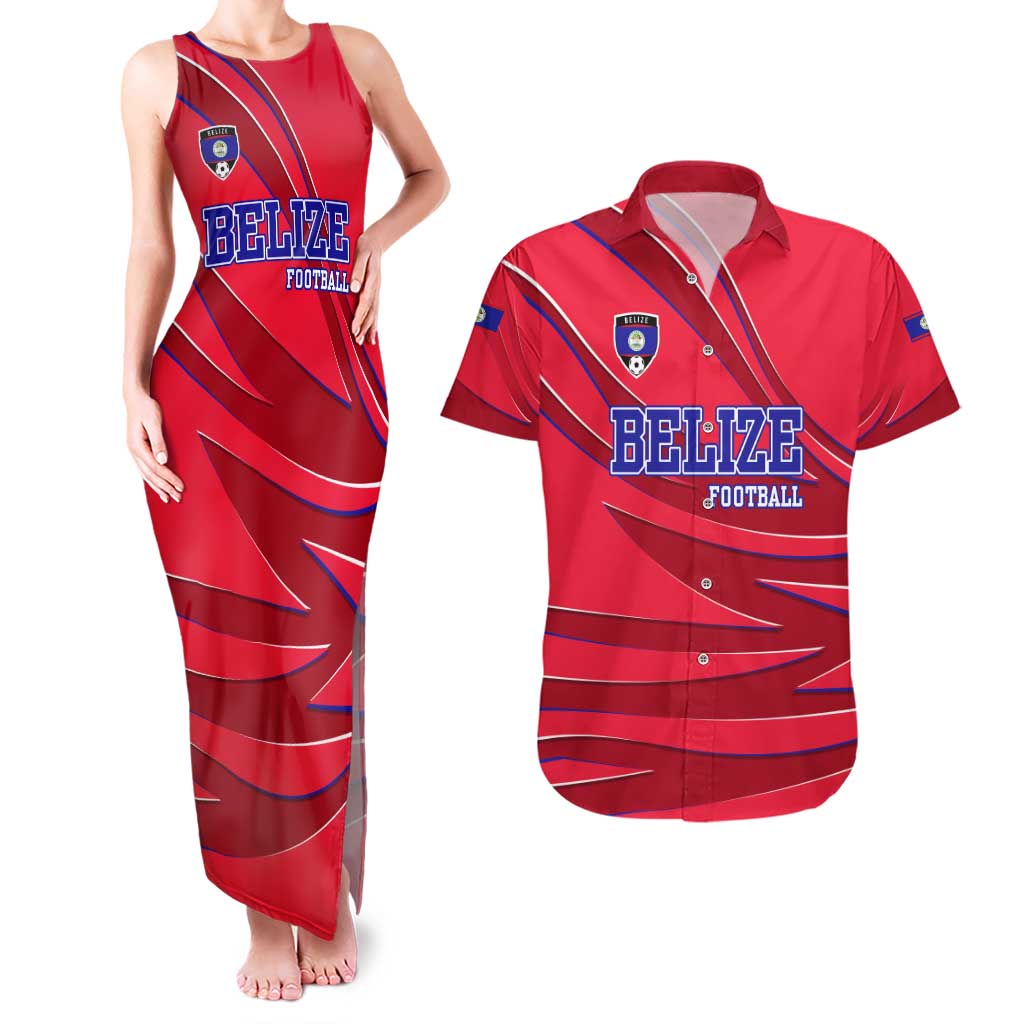 Belize Football Couples Matching Tank Maxi Dress and Hawaiian Shirt with Red Abstract Soccer Pattern and Shield Emblem