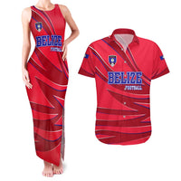 Belize Football Couples Matching Tank Maxi Dress and Hawaiian Shirt with Red Abstract Soccer Pattern and Shield Emblem