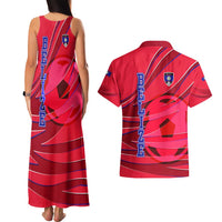 Belize Football Couples Matching Tank Maxi Dress and Hawaiian Shirt with Red Abstract Soccer Pattern and Shield Emblem