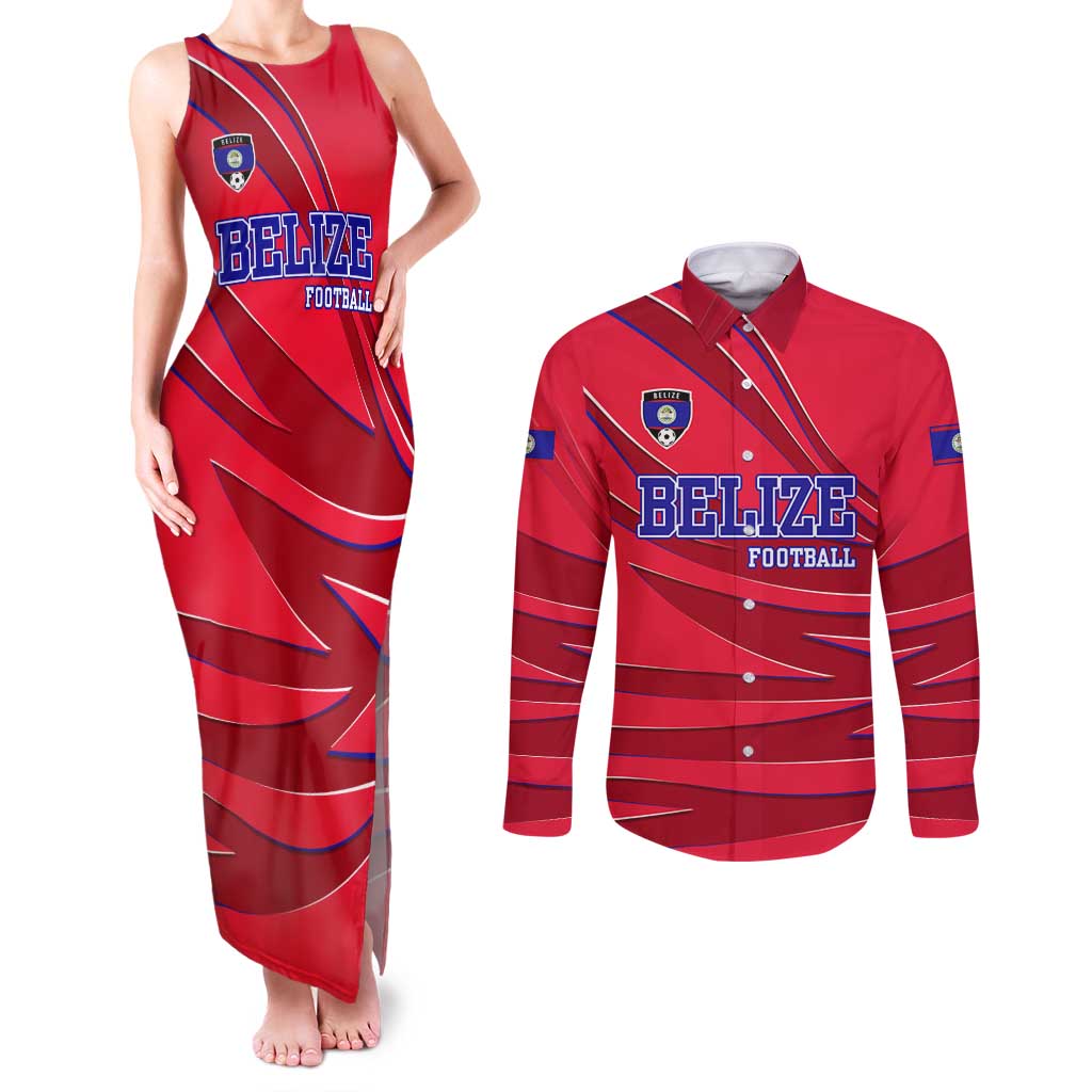 Belize Football Couples Matching Tank Maxi Dress and Long Sleeve Button Shirt with Red Abstract Soccer Pattern and Shield Emblem