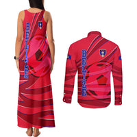 Belize Football Couples Matching Tank Maxi Dress and Long Sleeve Button Shirt with Red Abstract Soccer Pattern and Shield Emblem