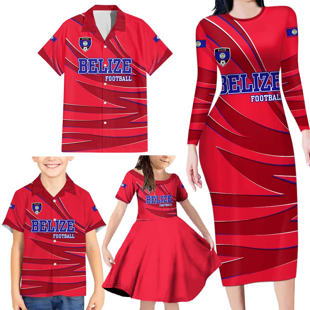 Belize Football Family Matching Long Sleeve Bodycon Dress and Hawaiian Shirt with Red Abstract Soccer Pattern and Shield Emblem