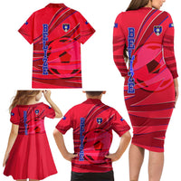Belize Football Family Matching Long Sleeve Bodycon Dress and Hawaiian Shirt with Red Abstract Soccer Pattern and Shield Emblem