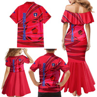 Belize Football Family Matching Mermaid Dress and Hawaiian Shirt with Red Abstract Soccer Pattern and Shield Emblem