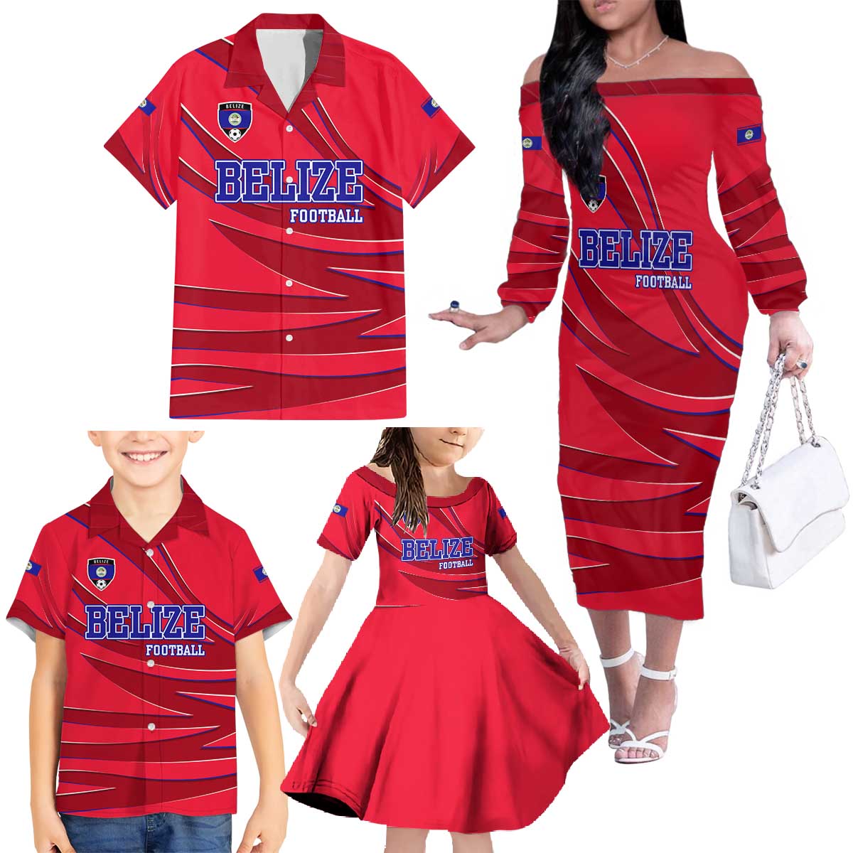 Belize Football Family Matching Off The Shoulder Long Sleeve Dress and Hawaiian Shirt with Red Abstract Soccer Pattern and Shield Emblem