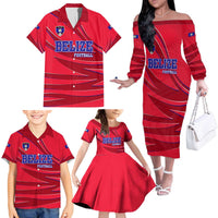 Belize Football Family Matching Off The Shoulder Long Sleeve Dress and Hawaiian Shirt with Red Abstract Soccer Pattern and Shield Emblem