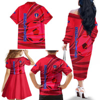 Belize Football Family Matching Off The Shoulder Long Sleeve Dress and Hawaiian Shirt with Red Abstract Soccer Pattern and Shield Emblem