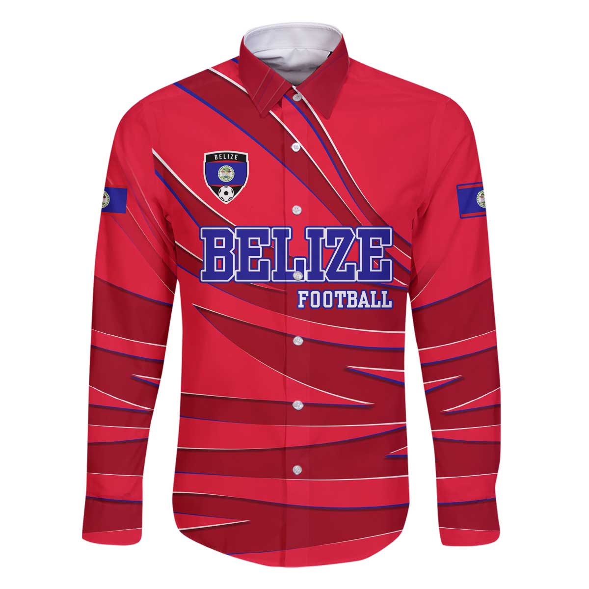 Belize Football Family Matching Off The Shoulder Long Sleeve Dress and Hawaiian Shirt with Red Abstract Soccer Pattern and Shield Emblem