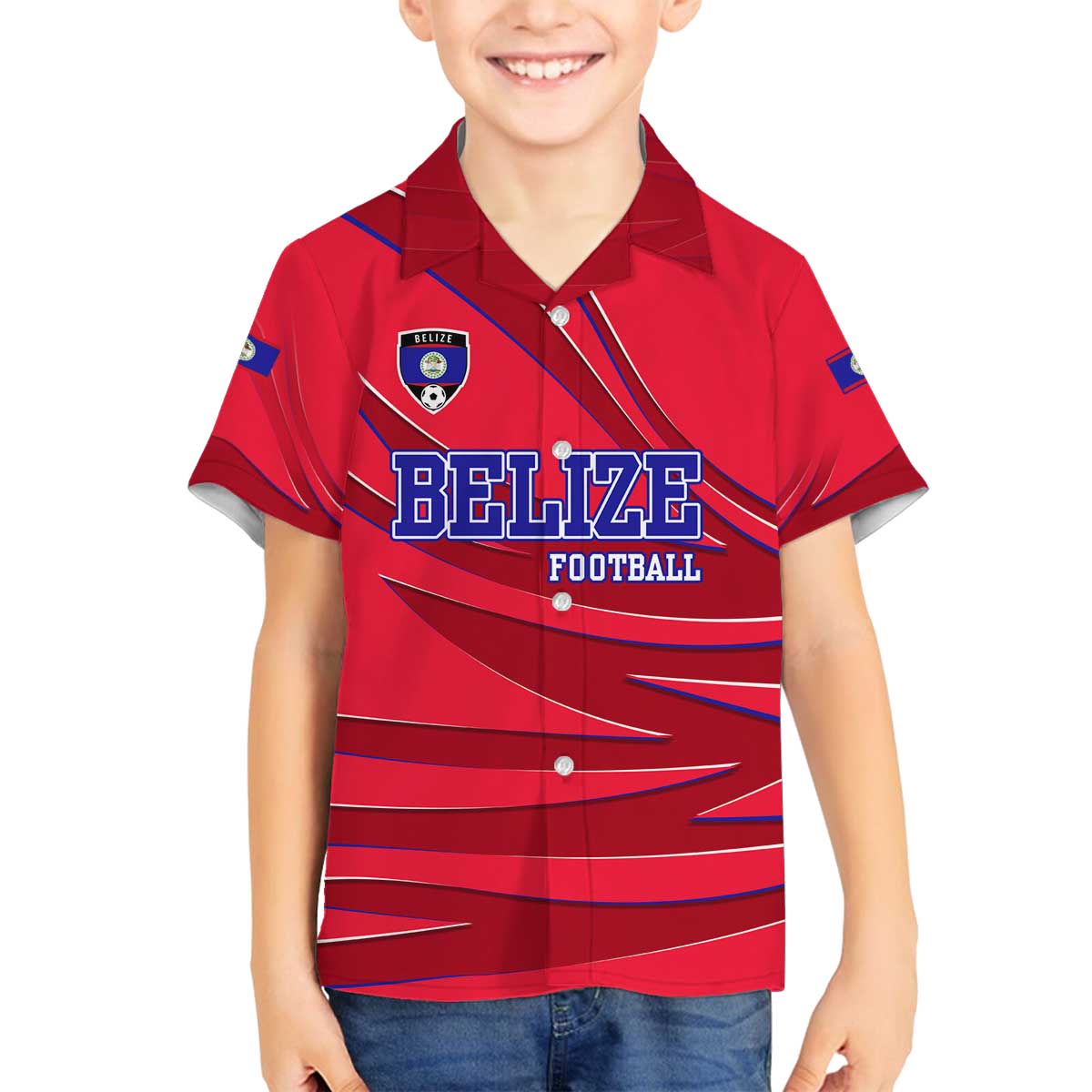 Belize Football Family Matching Off The Shoulder Long Sleeve Dress and Hawaiian Shirt with Red Abstract Soccer Pattern and Shield Emblem