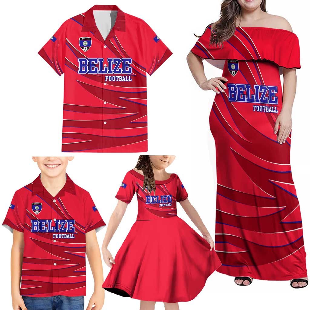 Belize Football Family Matching Off Shoulder Maxi Dress and Hawaiian Shirt with Red Abstract Soccer Pattern and Shield Emblem