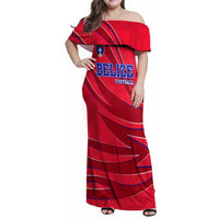 Belize Football Family Matching Off Shoulder Maxi Dress and Hawaiian Shirt with Red Abstract Soccer Pattern and Shield Emblem