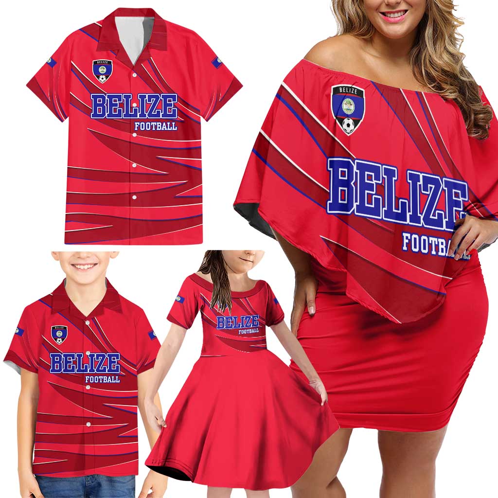 Belize Football Family Matching Off Shoulder Short Dress and Hawaiian Shirt with Red Abstract Soccer Pattern and Shield Emblem