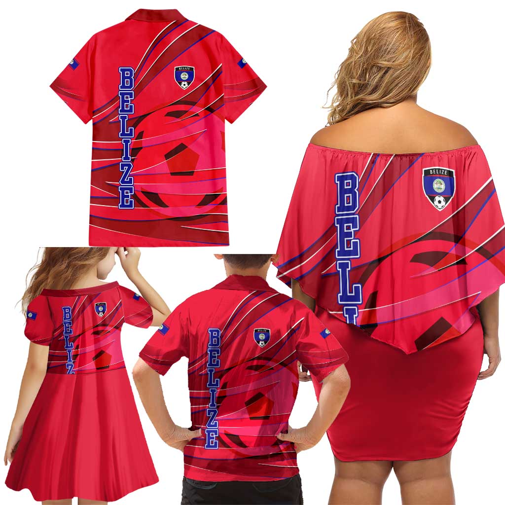 Belize Football Family Matching Off Shoulder Short Dress and Hawaiian Shirt with Red Abstract Soccer Pattern and Shield Emblem