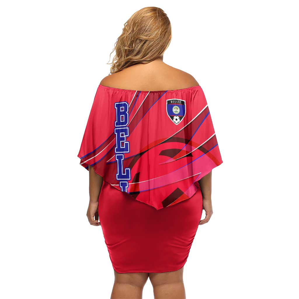 Belize Football Family Matching Off Shoulder Short Dress and Hawaiian Shirt with Red Abstract Soccer Pattern and Shield Emblem