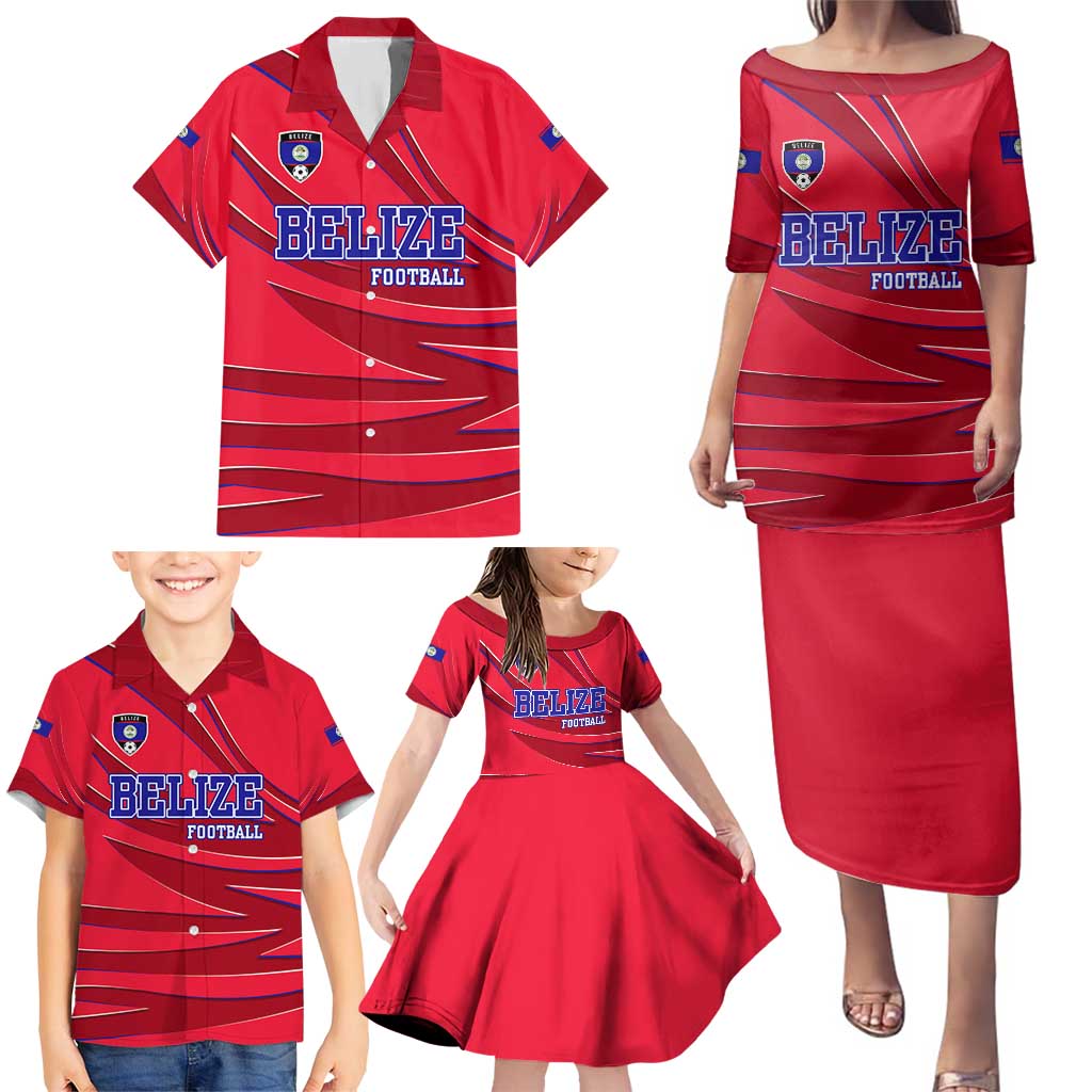 Belize Football Family Matching Puletasi and Hawaiian Shirt with Red Abstract Soccer Pattern and Shield Emblem