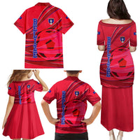 Belize Football Family Matching Puletasi and Hawaiian Shirt with Red Abstract Soccer Pattern and Shield Emblem