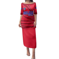 Belize Football Family Matching Puletasi and Hawaiian Shirt with Red Abstract Soccer Pattern and Shield Emblem