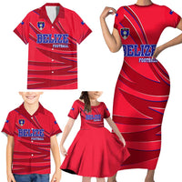 Belize Football Family Matching Short Sleeve Bodycon Dress and Hawaiian Shirt with Red Abstract Soccer Pattern and Shield Emblem