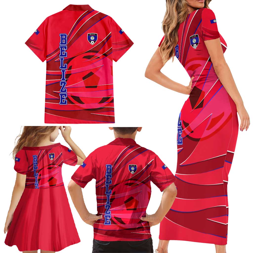 Belize Football Family Matching Short Sleeve Bodycon Dress and Hawaiian Shirt with Red Abstract Soccer Pattern and Shield Emblem