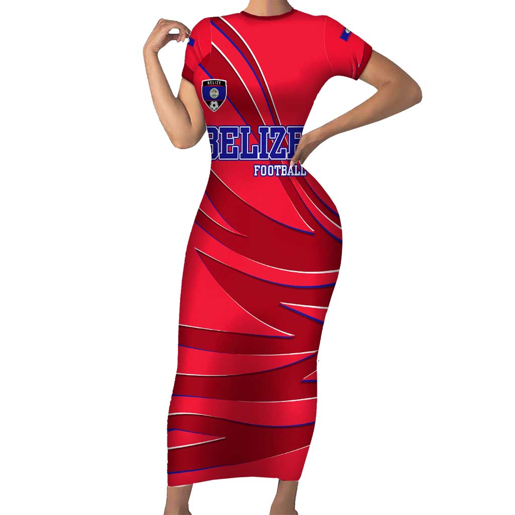 Belize Football Family Matching Short Sleeve Bodycon Dress and Hawaiian Shirt with Red Abstract Soccer Pattern and Shield Emblem