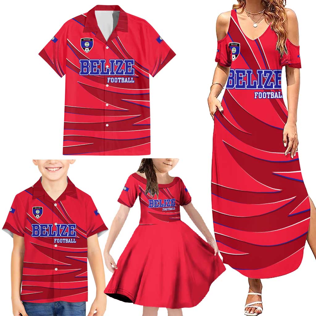 Belize Football Family Matching Summer Maxi Dress and Hawaiian Shirt with Red Abstract Soccer Pattern and Shield Emblem