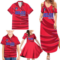 Belize Football Family Matching Summer Maxi Dress and Hawaiian Shirt with Red Abstract Soccer Pattern and Shield Emblem
