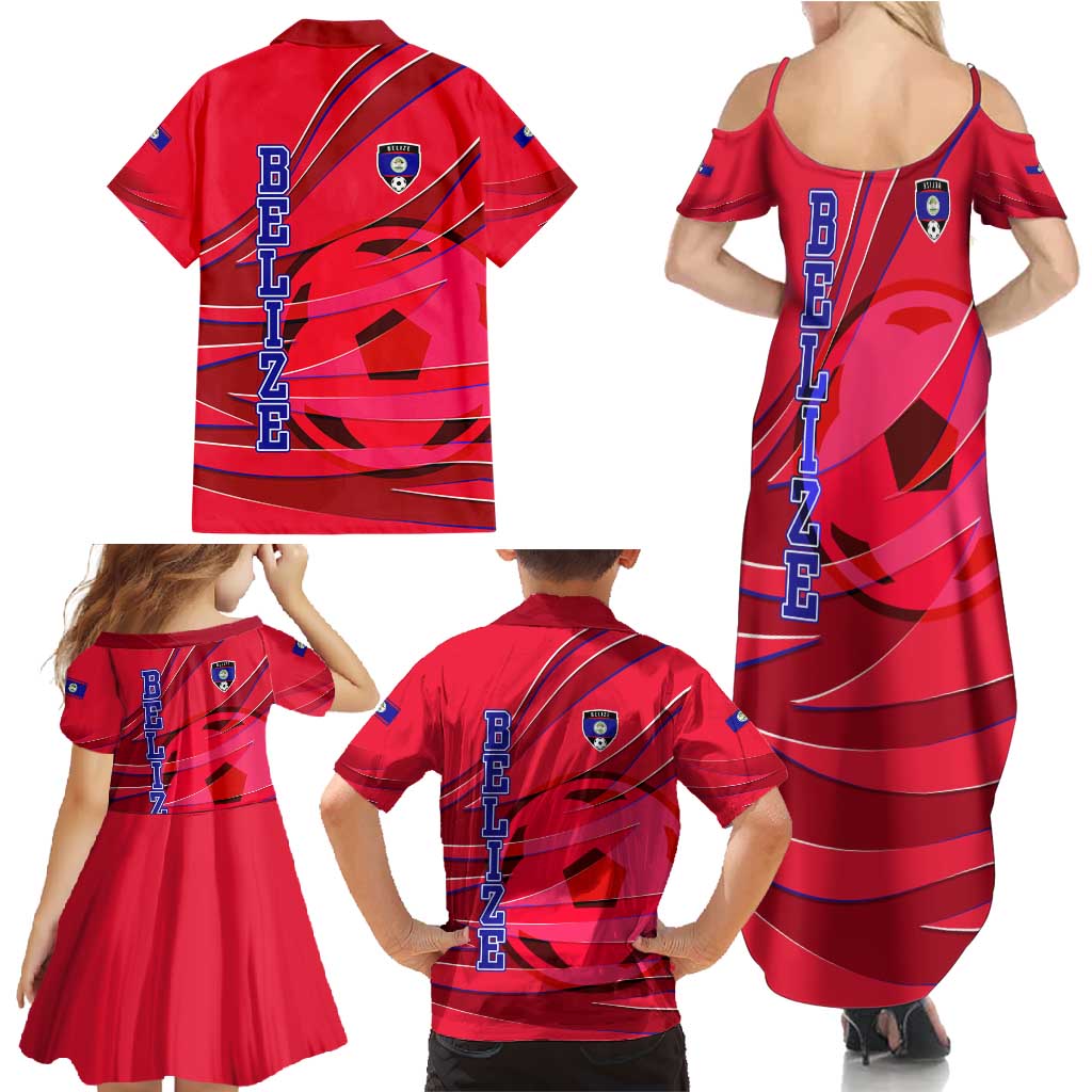 Belize Football Family Matching Summer Maxi Dress and Hawaiian Shirt with Red Abstract Soccer Pattern and Shield Emblem