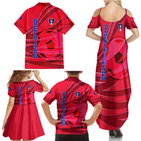 Belize Football Family Matching Summer Maxi Dress and Hawaiian Shirt with Red Abstract Soccer Pattern and Shield Emblem