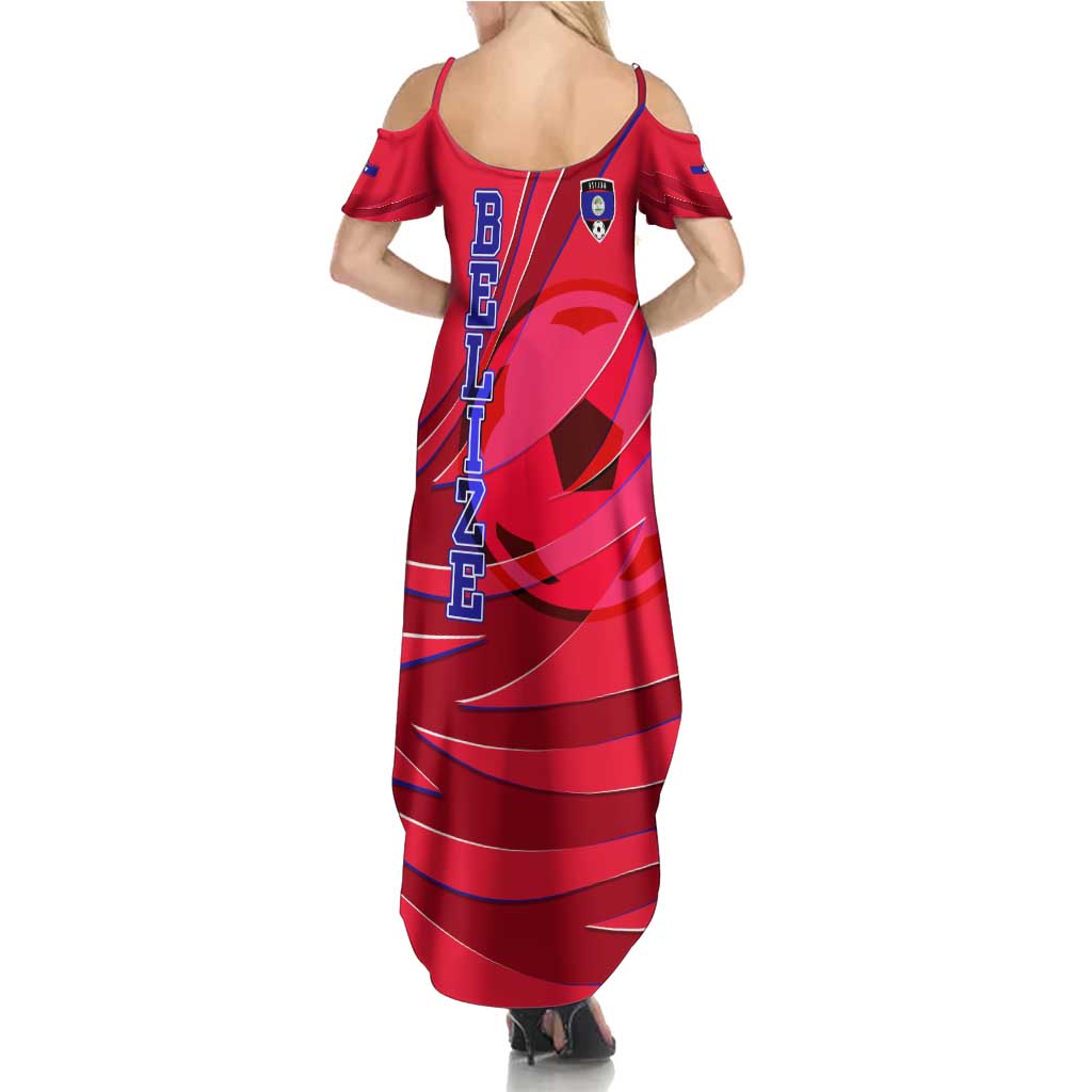 Belize Football Family Matching Summer Maxi Dress and Hawaiian Shirt with Red Abstract Soccer Pattern and Shield Emblem