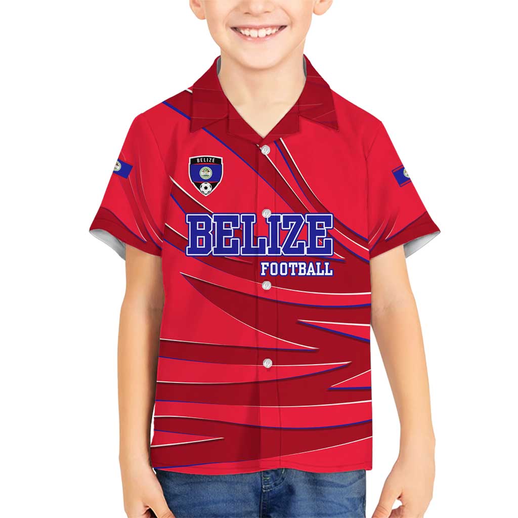 Belize Football Family Matching Summer Maxi Dress and Hawaiian Shirt with Red Abstract Soccer Pattern and Shield Emblem