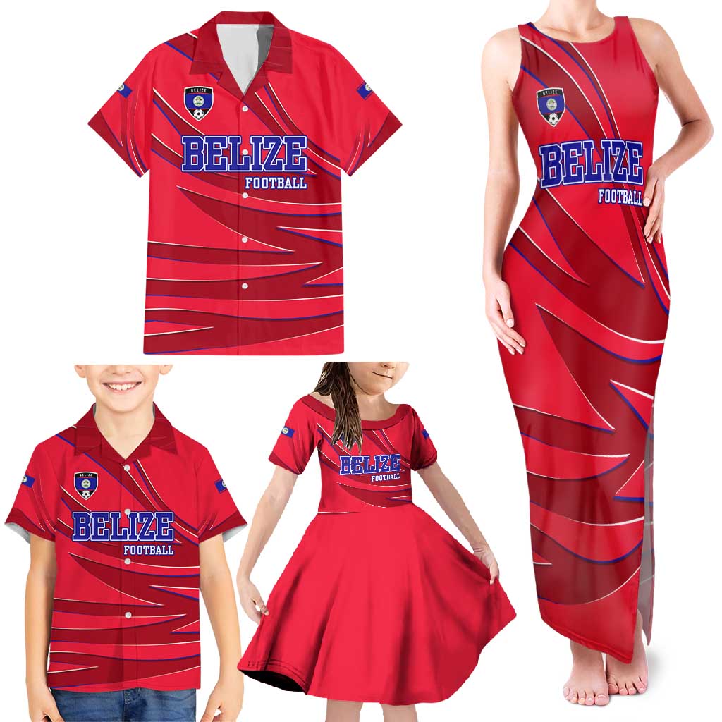 Belize Football Family Matching Tank Maxi Dress and Hawaiian Shirt with Red Abstract Soccer Pattern and Shield Emblem