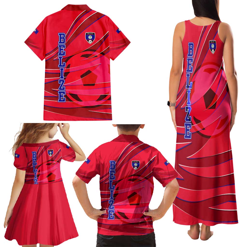 Belize Football Family Matching Tank Maxi Dress and Hawaiian Shirt with Red Abstract Soccer Pattern and Shield Emblem