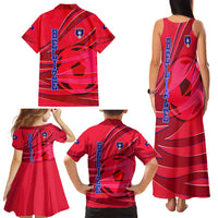 Belize Football Family Matching Tank Maxi Dress and Hawaiian Shirt with Red Abstract Soccer Pattern and Shield Emblem