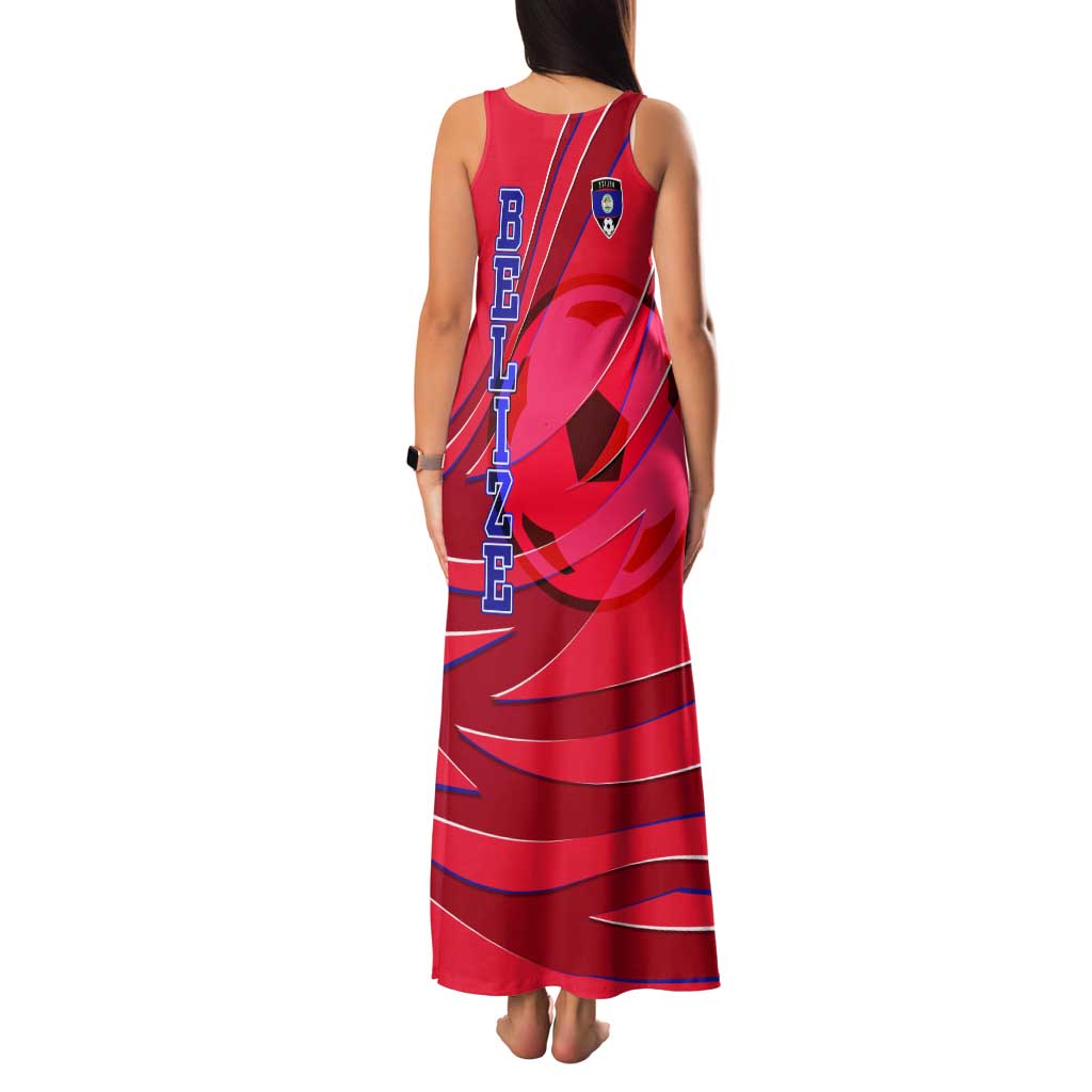 Belize Football Family Matching Tank Maxi Dress and Hawaiian Shirt with Red Abstract Soccer Pattern and Shield Emblem