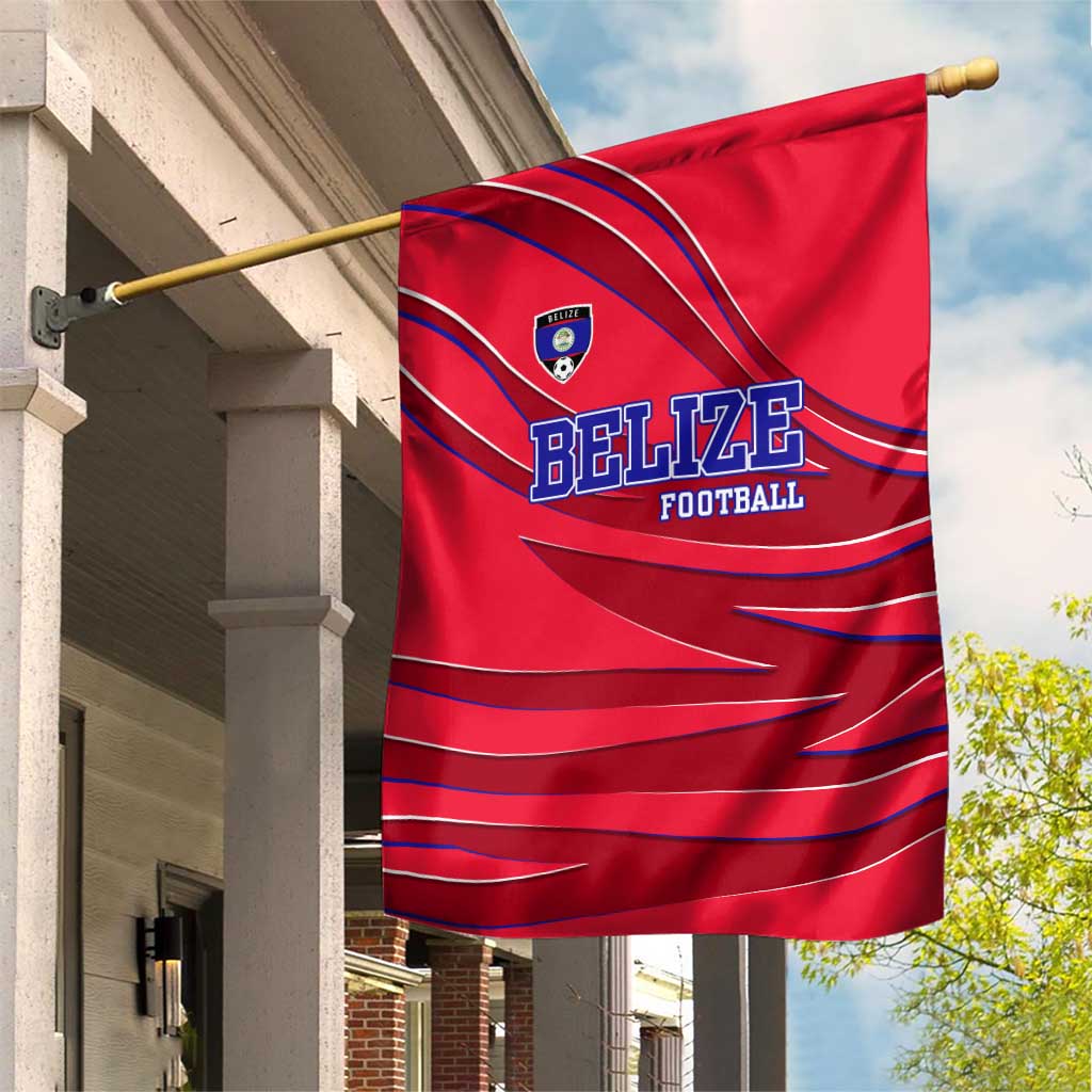 Belize Football Garden Flag with Red Abstract Soccer Pattern and Shield Emblem