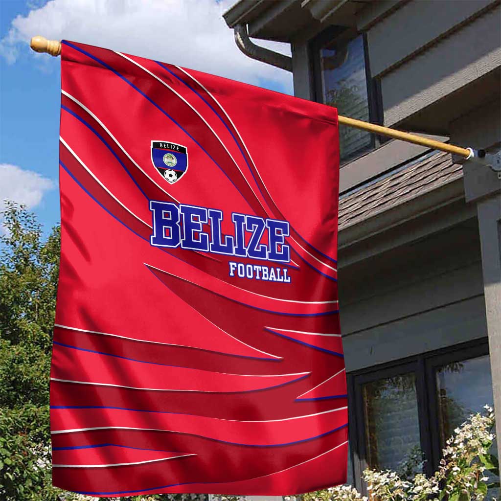 Belize Football Garden Flag with Red Abstract Soccer Pattern and Shield Emblem