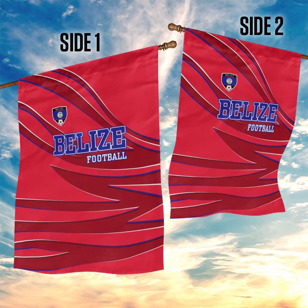 Belize Football Garden Flag with Red Abstract Soccer Pattern and Shield Emblem