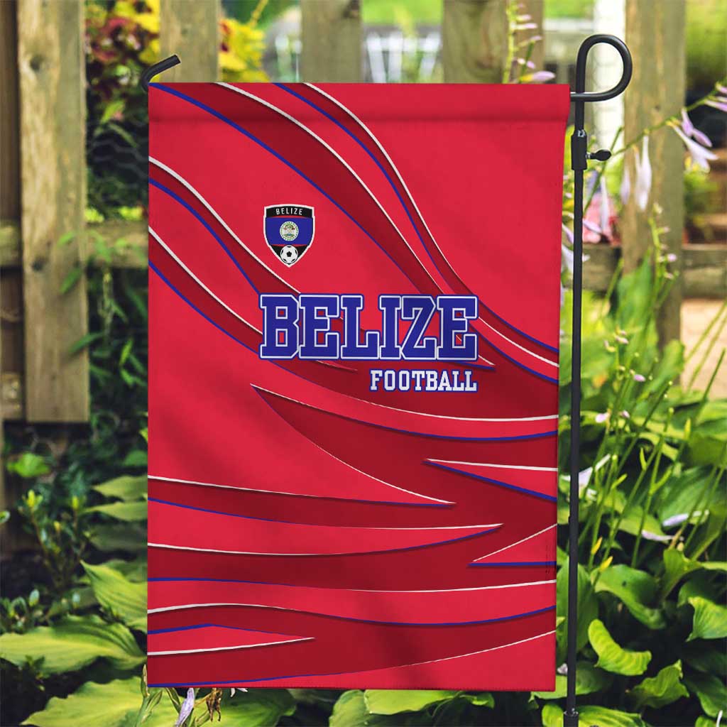 Belize Football Garden Flag with Red Abstract Soccer Pattern and Shield Emblem